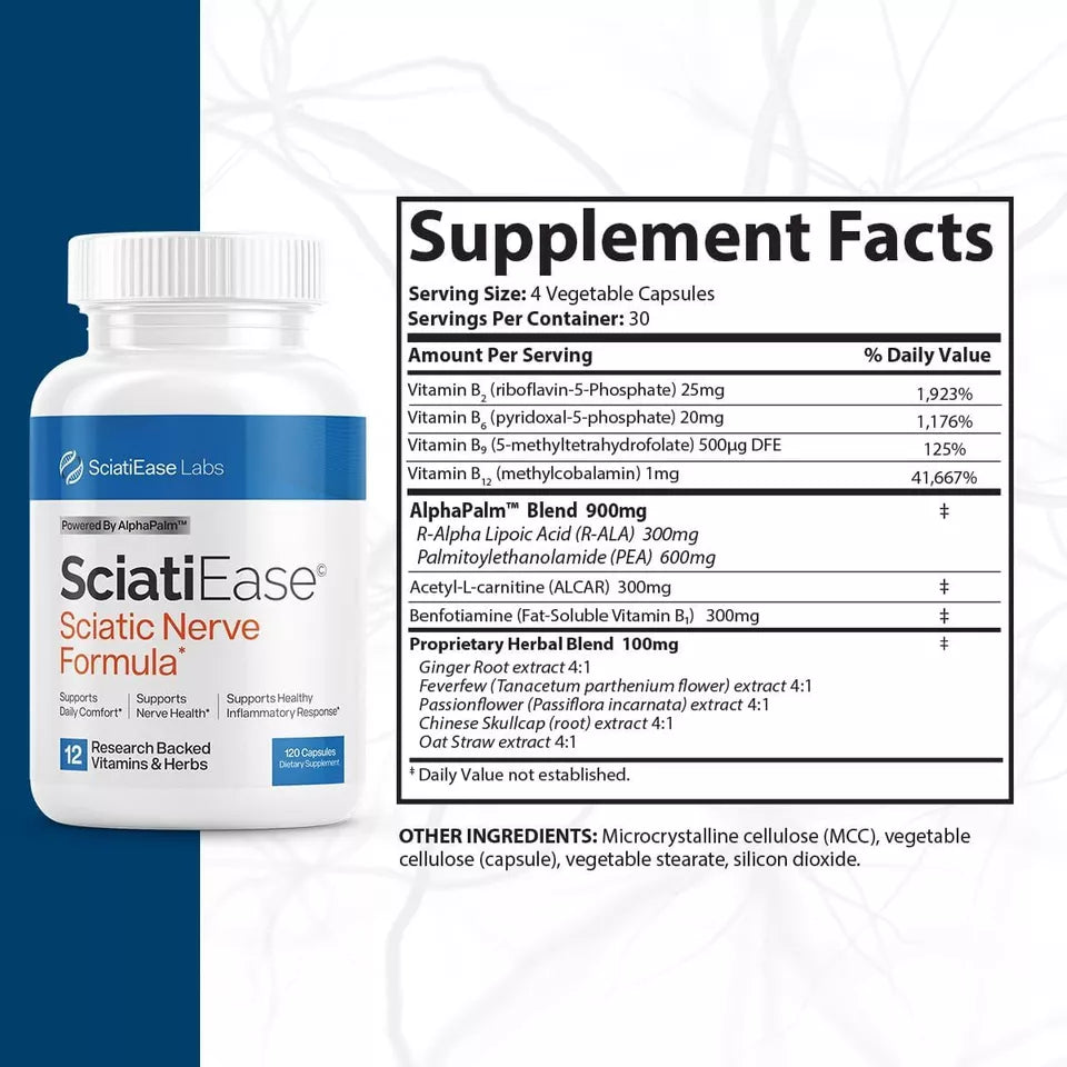 SciatiEase™ Sciatic Nerve Support Formula - 120 Capsules | Natural Pain Relief &amp; Nerve Health